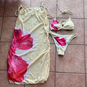 Yellow Bikini Set with Matching Floral Cover-Up Skirt